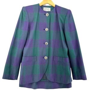 VTG Stirling Cooper Check Plaid Blazer Skirt Suit Set Purple Green SZ 4 1990s